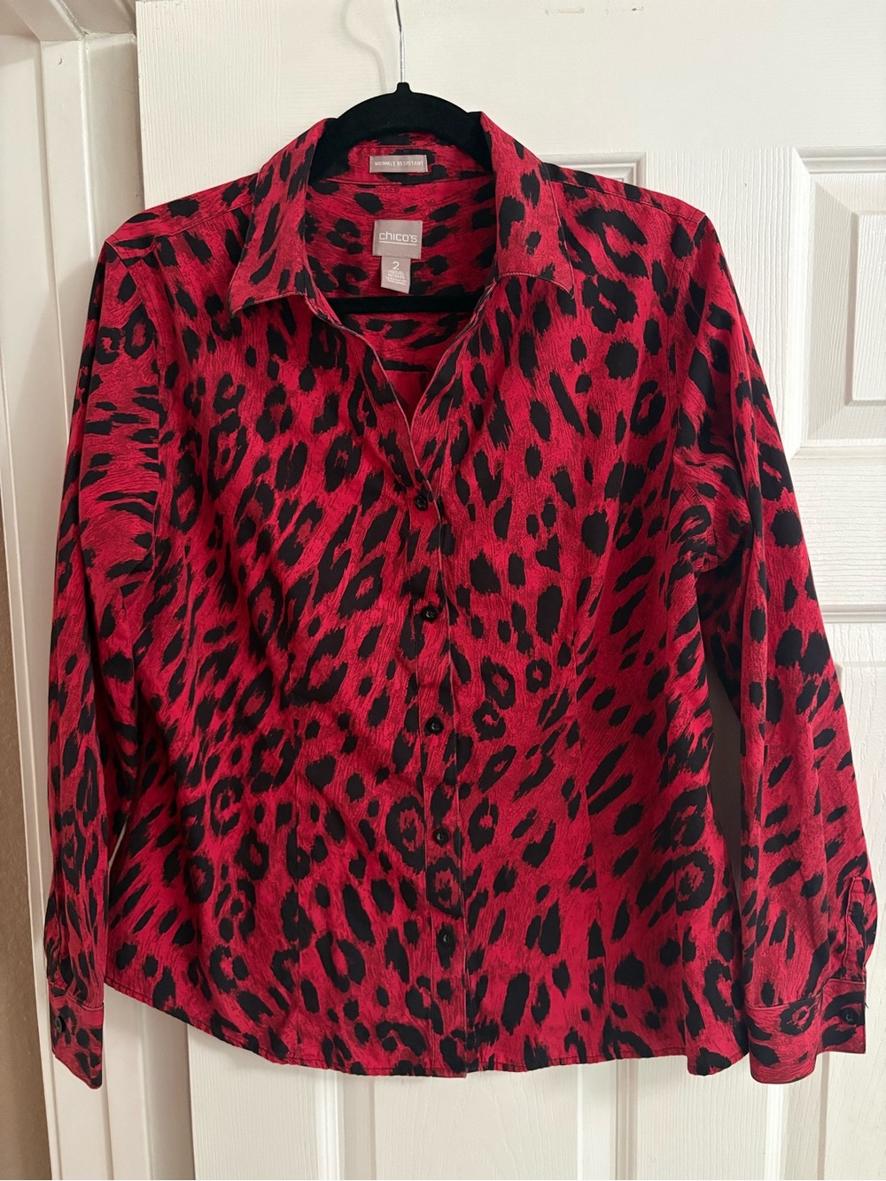 Chico's leopard animal print long sleeve collared blouse top button up mobwife L